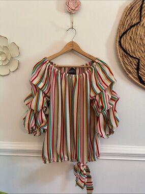 Coco Bianco Striped Off-Shoulder Tie-Front Blouse in Multicolor